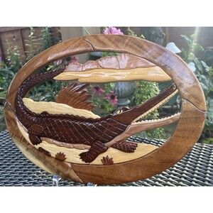 Handmade Alligator Intarsia Wood Wall Art 18” Bayou Cabin Lodge Reptile Decor